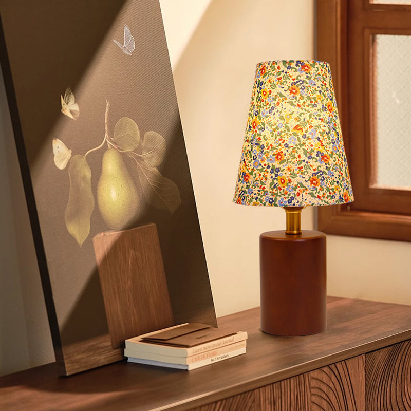 Traditional Vintage Round Table Sphere Cylinder Base Floral Trim Solid Wood Fabric LED Table Lamp For Bedroom