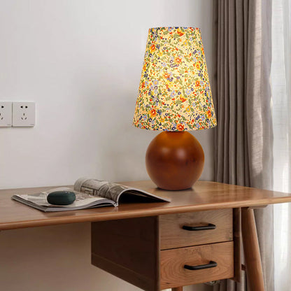 Traditional Vintage Round Table Sphere Cylinder Base Floral Trim Solid Wood Fabric LED Table Lamp For Bedroom