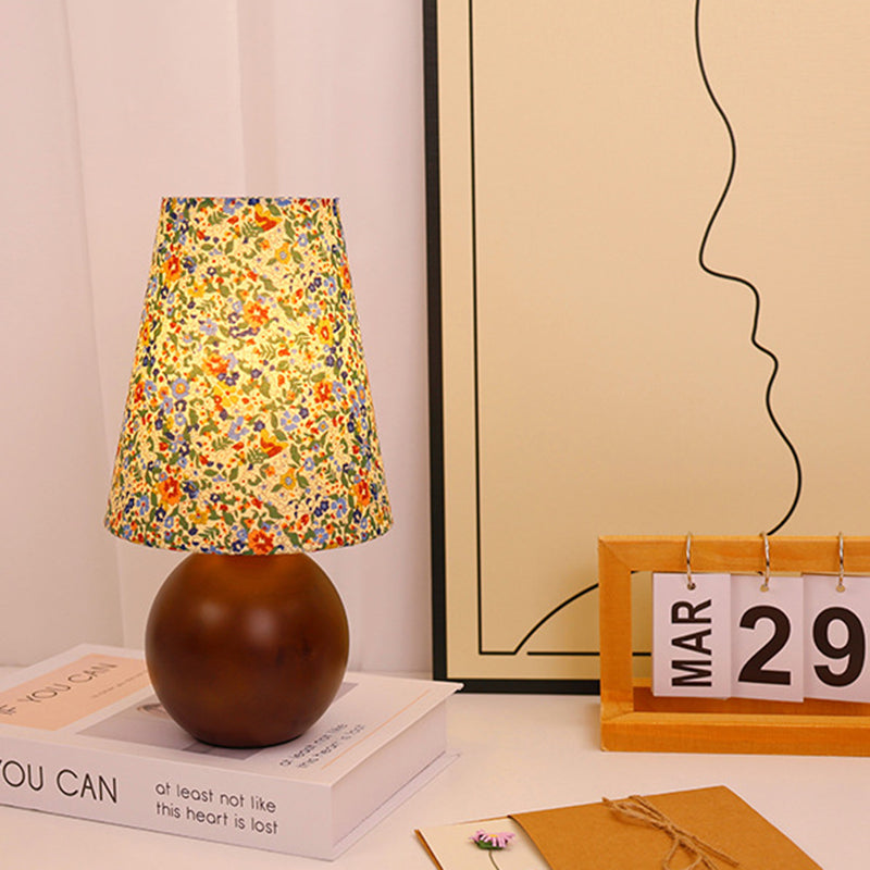 Traditional Vintage Round Table Sphere Cylinder Base Floral Trim Solid Wood Fabric LED Table Lamp For Bedroom