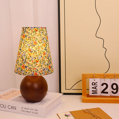 Traditional Vintage Round Table Sphere Cylinder Base Floral Trim Solid Wood Fabric LED Table Lamp For Bedroom
