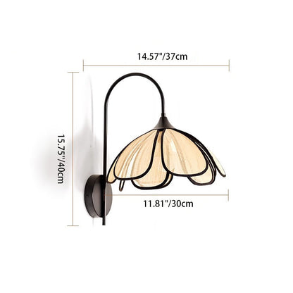 Traditional Vintage Art Petal Disc Base Iron Fabric 1-Light Wall Sconce Lamp For Bedroom