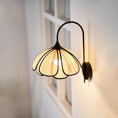 Traditional Vintage Art Petal Disc Base Iron Fabric 1-Light Wall Sconce Lamp For Bedroom
