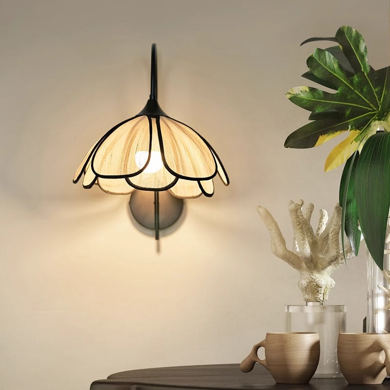 Traditional Vintage Art Petal Disc Base Iron Fabric 1-Light Wall Sconce Lamp For Bedroom