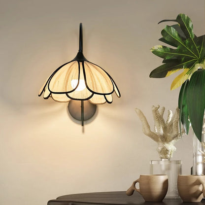 Traditional Vintage Art Petal Disc Base Iron Fabric 1-Light Wall Sconce Lamp For Bedroom