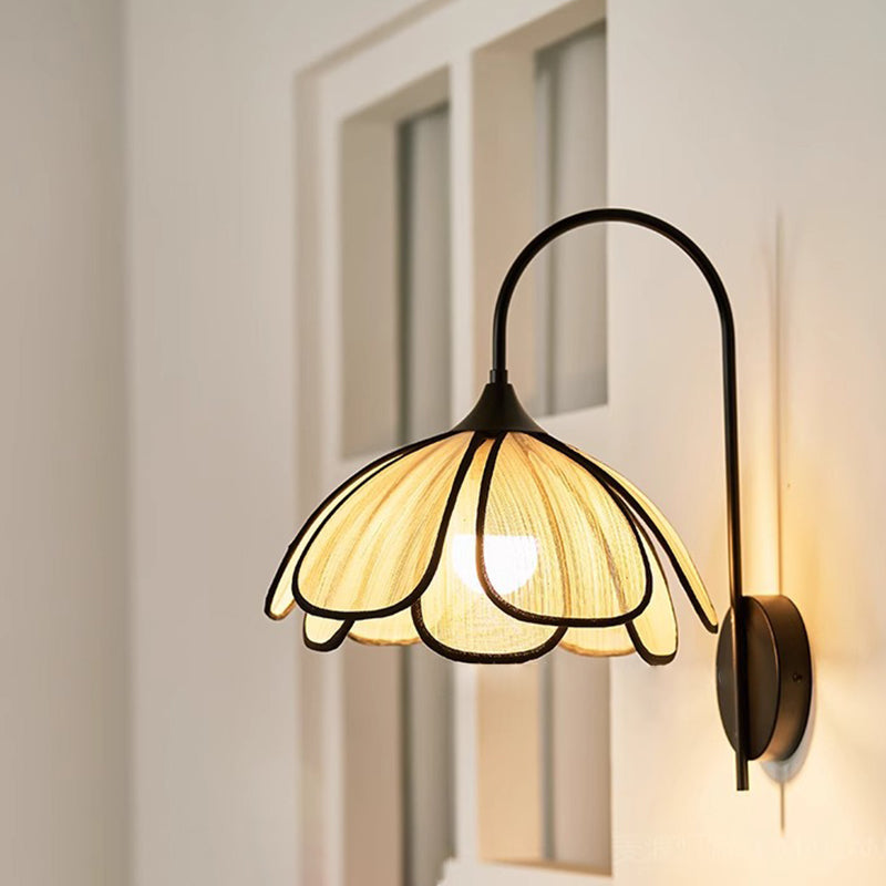 Traditional Vintage Art Petal Disc Base Iron Fabric 1-Light Wall Sconce Lamp For Bedroom