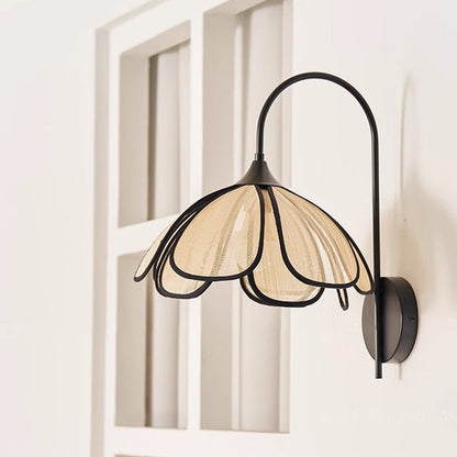 Traditional Vintage Art Petal Disc Base Iron Fabric 1-Light Wall Sconce Lamp For Bedroom