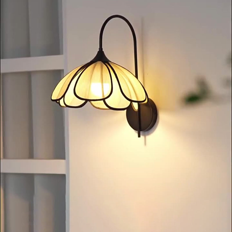 Traditional Vintage Art Petal Disc Base Iron Fabric 1-Light Wall Sconce Lamp For Bedroom