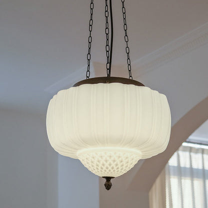 Traditional Vintage Diamond Pumpkin Striped Disc Base Iron Glass 4-Light Pendant Light For Living Room
