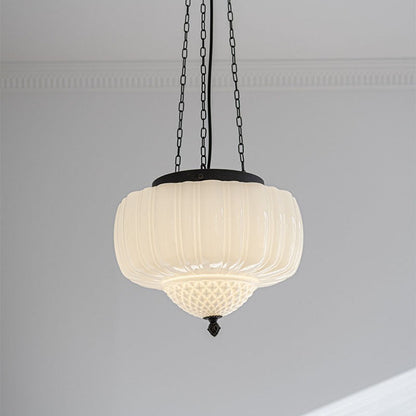 Traditional Vintage Diamond Pumpkin Striped Disc Base Iron Glass 4-Light Pendant Light For Living Room