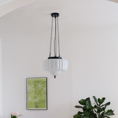 Traditional Vintage Diamond Pumpkin Striped Disc Base Iron Glass 4-Light Pendant Light For Living Room