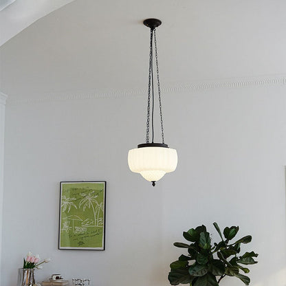 Traditional Vintage Diamond Pumpkin Striped Disc Base Iron Glass 4-Light Pendant Light For Living Room