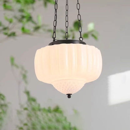 Traditional Vintage Diamond Pumpkin Striped Disc Base Iron Glass 4-Light Pendant Light For Living Room