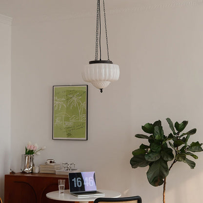 Traditional Vintage Diamond Pumpkin Striped Disc Base Iron Glass 4-Light Pendant Light For Living Room