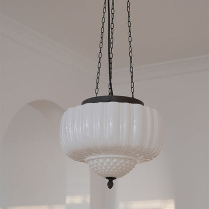 Traditional Vintage Diamond Pumpkin Striped Disc Base Iron Glass 4-Light Pendant Light For Living Room