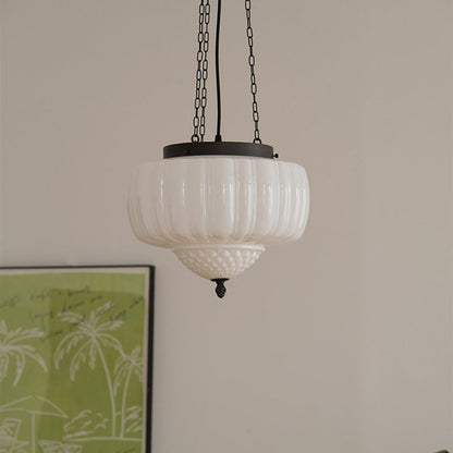 Traditional Vintage Diamond Pumpkin Striped Disc Base Iron Glass 4-Light Pendant Light For Living Room