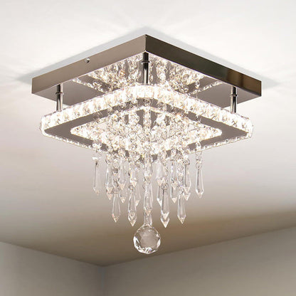Modern Luxury Square Orb Pendant Crystal Stainless Steel LED Flush Mount Ceiling Light For Living Room