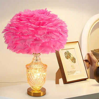 Contemporary Scandinavian Oval Flower Cluster Disc Base Feather Metal Glass 1-Light Table Lamp For Bedroom