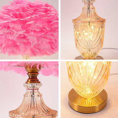 Contemporary Scandinavian Oval Flower Cluster Disc Base Feather Metal Glass 1-Light Table Lamp For Bedroom
