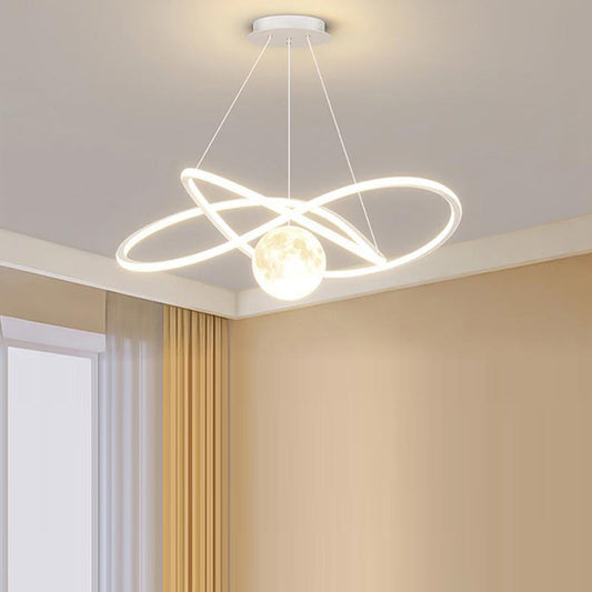 ثريات LED معاصرة على شكل دائرة إسكندنافية حول القمر مصنوعة من الحديد والألومنيوم والراتنج وإضاءة جزيرة لغرفة الطعام