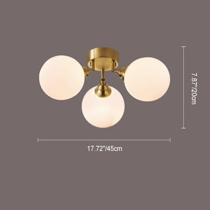 Contemporary Scandinavian Orb Branch Copper Glass 3/4 Light Semi-Flush Mount Ceiling Light For Living Room