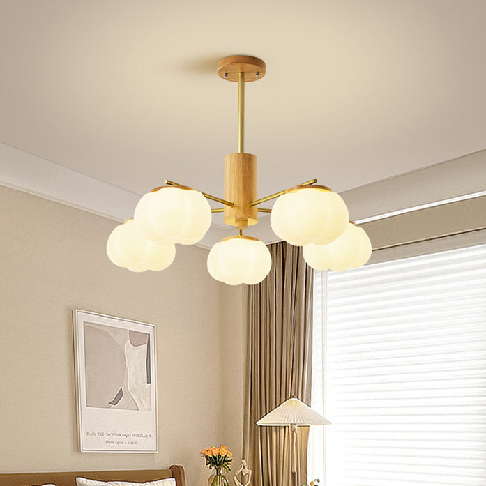 Contemporary Scandinavian Branch Persimmon Cylinder Disc Base Hardware Raw Wood Plastic 5/8 Light Chandelier For Living Room