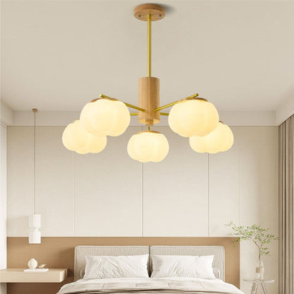 Contemporary Scandinavian Branch Persimmon Cylinder Disc Base Hardware Raw Wood Plastic 5/8 Light Chandelier For Living Room