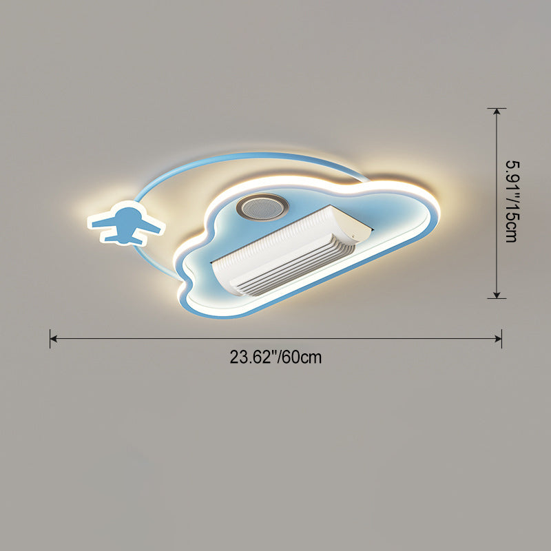 Contemporary Creative Cartoon Kids Airplane Clouds Aluminum Iron Acrylic LED Flush Mount Ceiling Fan Light For Bedroom