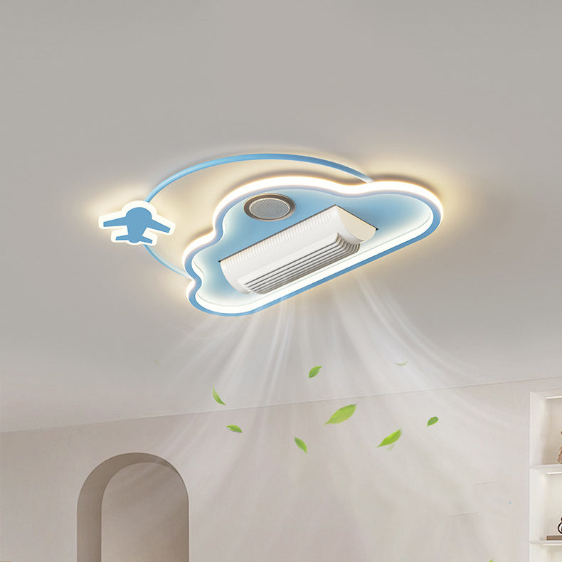 Contemporary Creative Cartoon Kids Airplane Clouds Aluminum Iron Acrylic LED Flush Mount Ceiling Fan Light For Bedroom