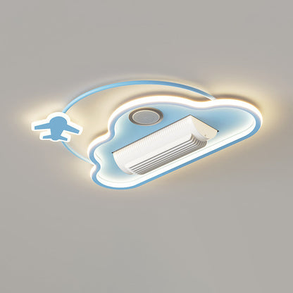 Contemporary Creative Cartoon Kids Airplane Clouds Aluminum Iron Acrylic LED Flush Mount Ceiling Fan Light For Bedroom