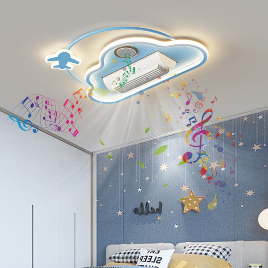 Contemporary Creative Cartoon Kids Airplane Clouds Aluminum Iron Acrylic LED Flush Mount Ceiling Fan Light For Bedroom