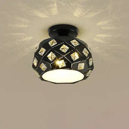 Contemporary Scandinavian Pineapple Crushed Diamonds Disc Base Metal Crystal 1-Light Semi-Flush Mount Ceiling Light For Living Room