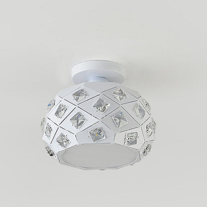 Contemporary Scandinavian Pineapple Crushed Diamonds Disc Base Metal Crystal 1-Light Semi-Flush Mount Ceiling Light For Living Room