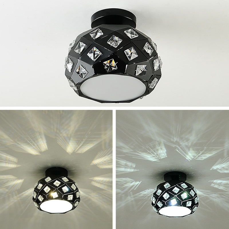 Contemporary Scandinavian Pineapple Crushed Diamonds Disc Base Metal Crystal 1-Light Semi-Flush Mount Ceiling Light For Living Room