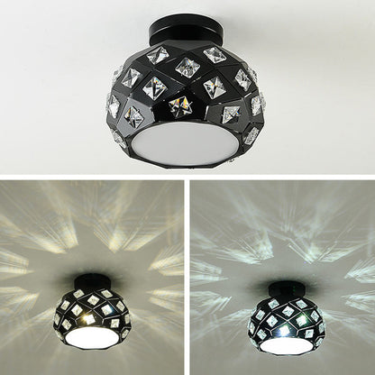 Contemporary Scandinavian Pineapple Crushed Diamonds Disc Base Metal Crystal 1-Light Semi-Flush Mount Ceiling Light For Living Room