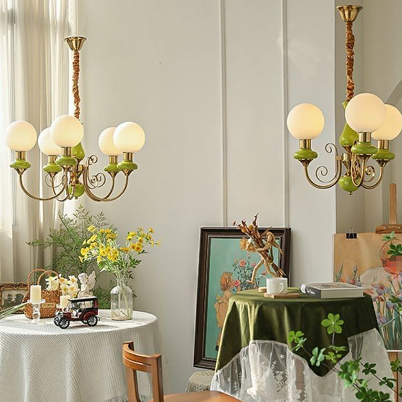 Traditional French Branch Curved Bottle Orb Pillar Iron Glass 3/5 Light Chandelier For Living Room