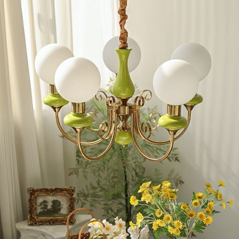 Traditional French Branch Curved Bottle Orb Pillar Iron Glass 3/5 Light Chandelier For Living Room