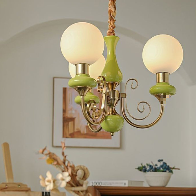 Traditional French Branch Curved Bottle Orb Pillar Iron Glass 3/5 Light Chandelier For Living Room