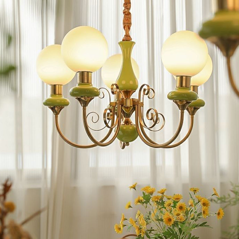 Traditional French Branch Curved Bottle Orb Pillar Iron Glass 3/5 Light Chandelier For Living Room