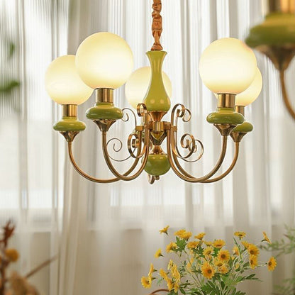 Traditional French Branch Curved Bottle Orb Pillar Iron Glass 3/5 Light Chandelier For Living Room
