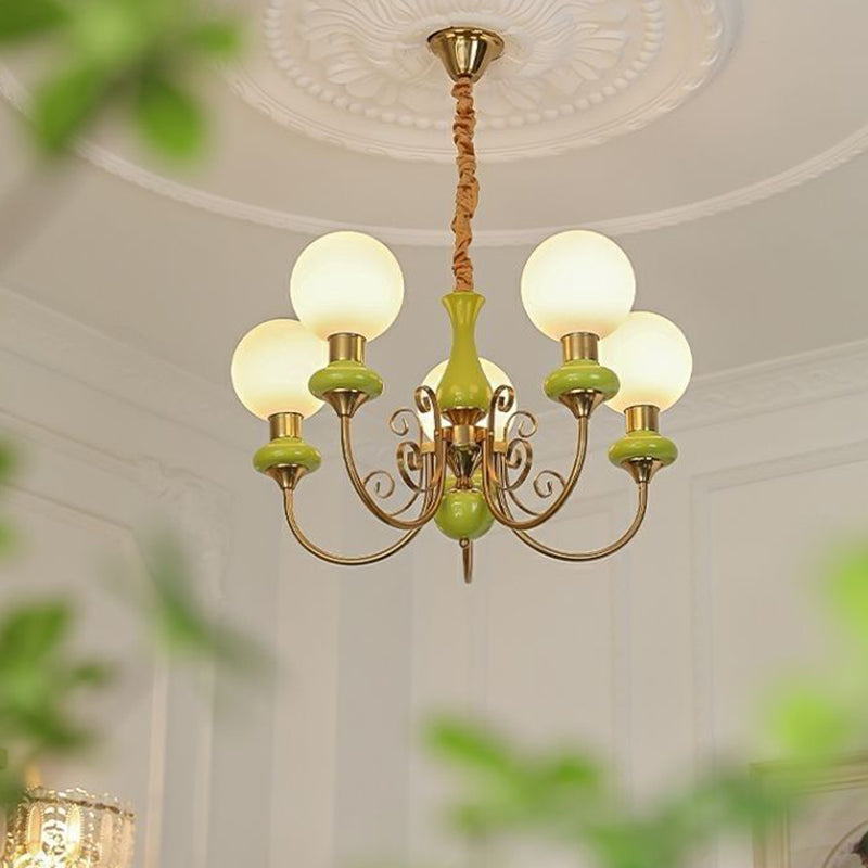 Traditional French Branch Curved Bottle Orb Pillar Iron Glass 3/5 Light Chandelier For Living Room