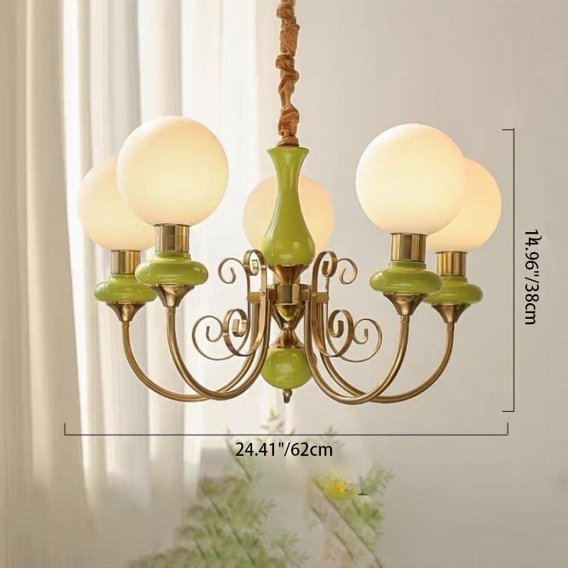 Traditional French Branch Curved Bottle Orb Pillar Iron Glass 3/5 Light Chandelier For Living Room