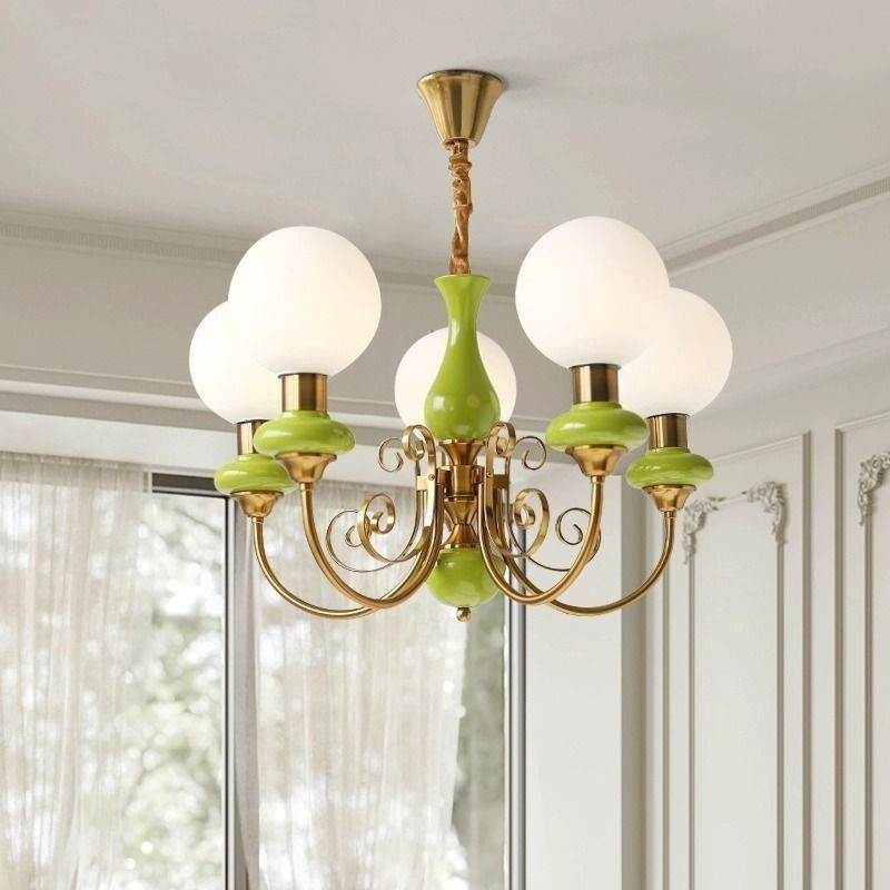 Traditional French Branch Curved Bottle Orb Pillar Iron Glass 3/5 Light Chandelier For Living Room