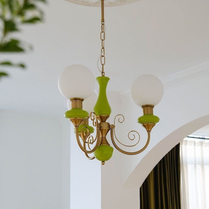 Traditional French Branch Curved Bottle Orb Pillar Iron Glass 3/5 Light Chandelier For Living Room