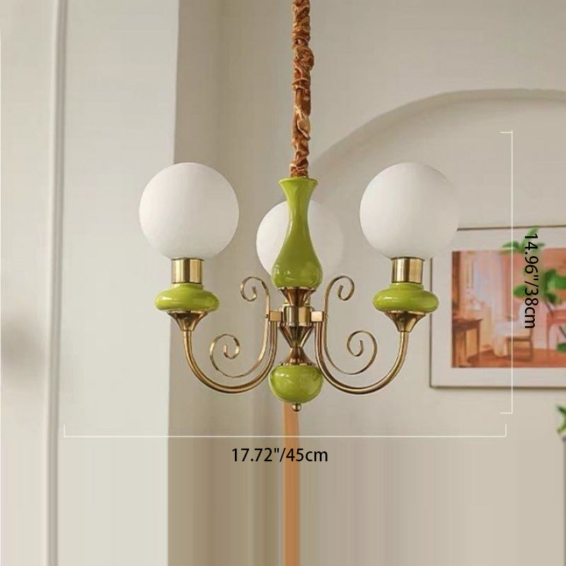 Traditional French Branch Curved Bottle Orb Pillar Iron Glass 3/5 Light Chandelier For Living Room
