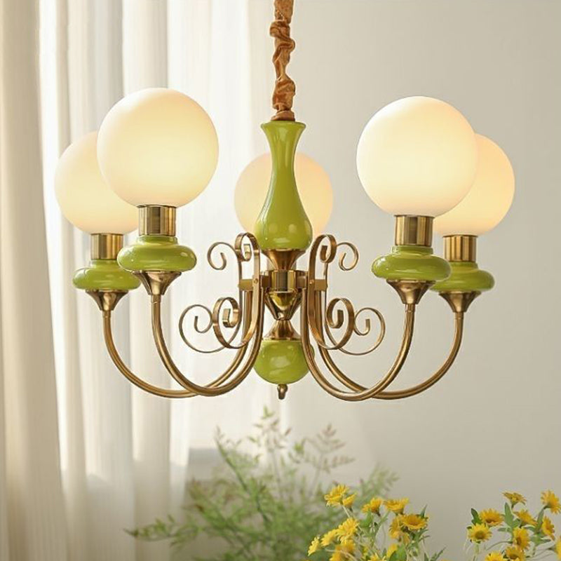 Traditional French Branch Curved Bottle Orb Pillar Iron Glass 3/5 Light Chandelier For Living Room