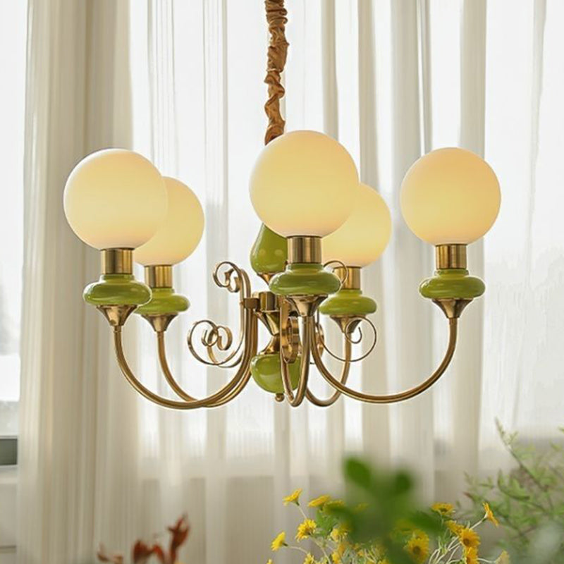 Traditional French Branch Curved Bottle Orb Pillar Iron Glass 3/5 Light Chandelier For Living Room