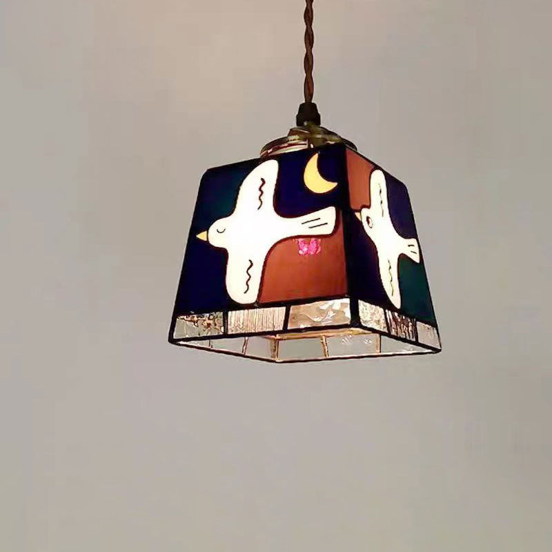 Traditional Vintage Prismatic Dove Square Copper Glass 1-Light Pendant Light For Living Room