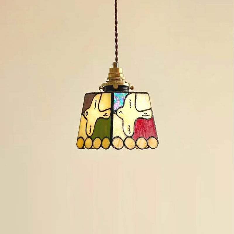 Traditional Vintage Prismatic Dove Square Copper Glass 1-Light Pendant Light For Living Room