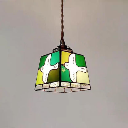 Traditional Vintage Prismatic Dove Square Copper Glass 1-Light Pendant Light For Living Room