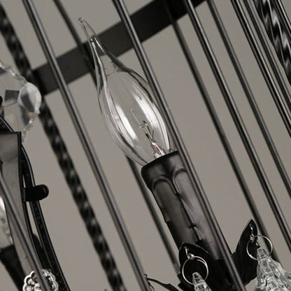 Traditional Vintage Birdcage Candle Holder Water Drops Rhombus Iron Crystal 8-Light Chandelier For Living Room